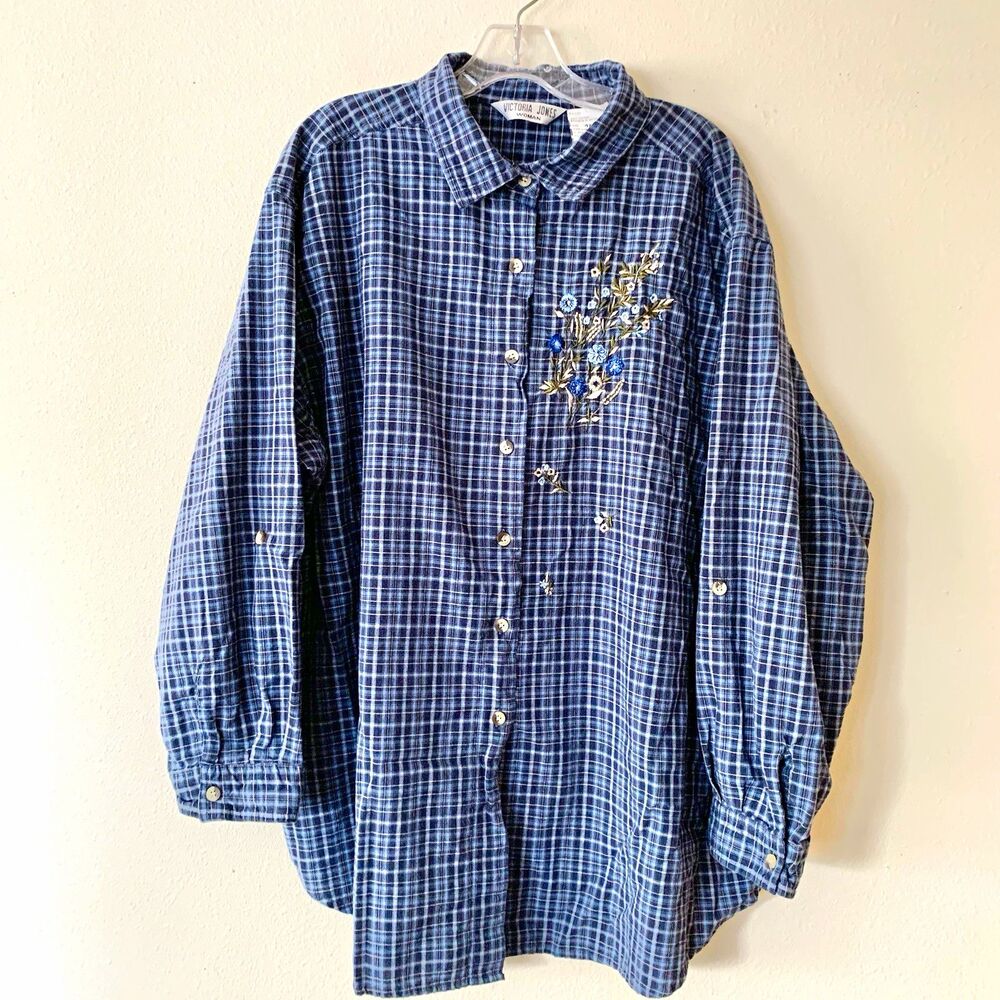 Victoria Jones Womens Blue Plaid Embroidered Button-Up Cotton Long Sleeve Top 4X